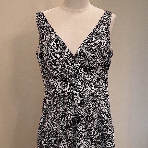 Lands End Black White Paisley Print Faux V-Neck Wrap Sleeveless MIDI Dress SZ 14 - Picture 2 of 13